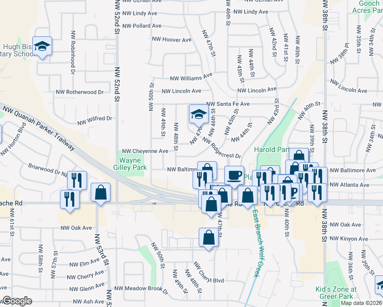 map of restaurants, bars, coffee shops, grocery stores, and more near 1512 Northwest 47th Street in Lawton