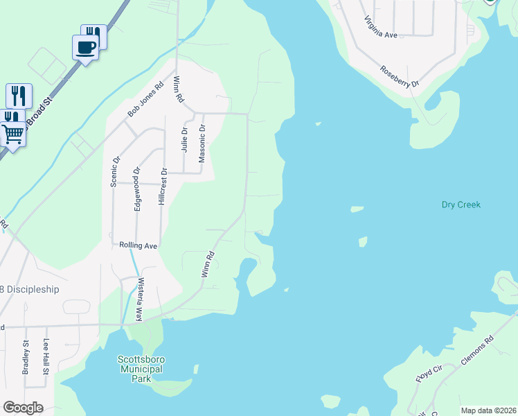 map of restaurants, bars, coffee shops, grocery stores, and more near 1421-1433 Winn Road in Scottsboro