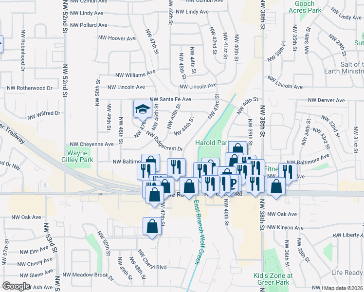 map of restaurants, bars, coffee shops, grocery stores, and more near 1610 Northwest 43rd Street in Lawton