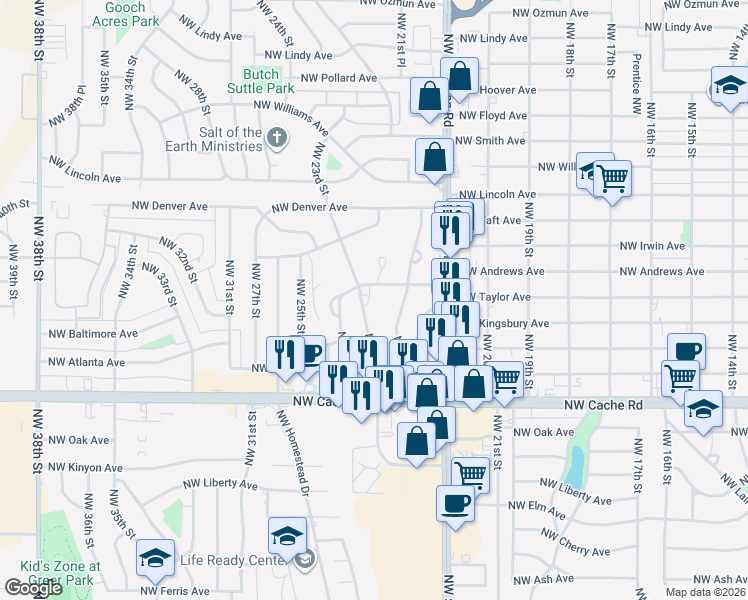 map of restaurants, bars, coffee shops, grocery stores, and more near 1431 Northwest 23rd Street in Lawton