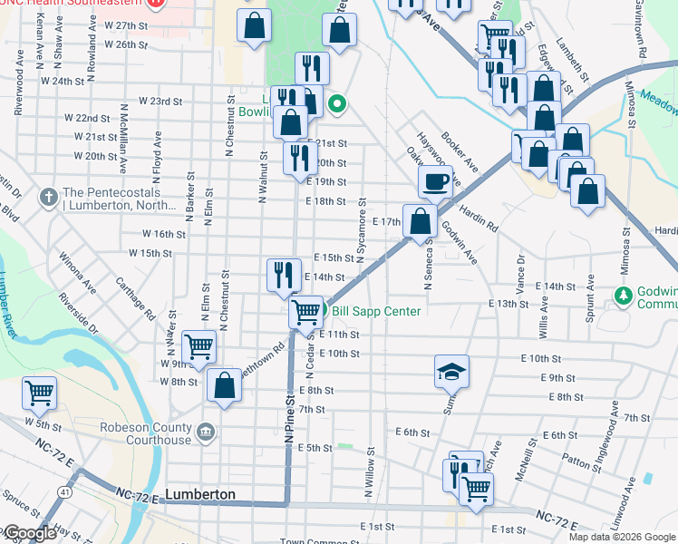 map of restaurants, bars, coffee shops, grocery stores, and more near 513 East 14th Street in Lumberton