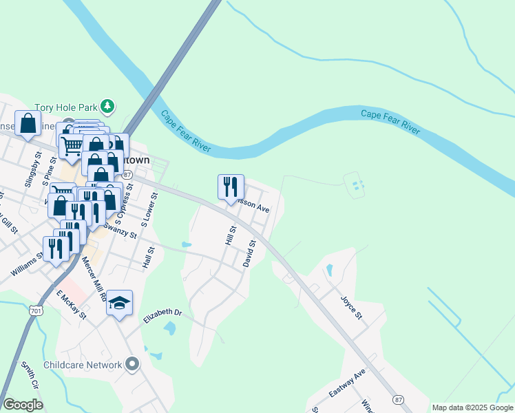 map of restaurants, bars, coffee shops, grocery stores, and more near Allen Street in Elizabethtown