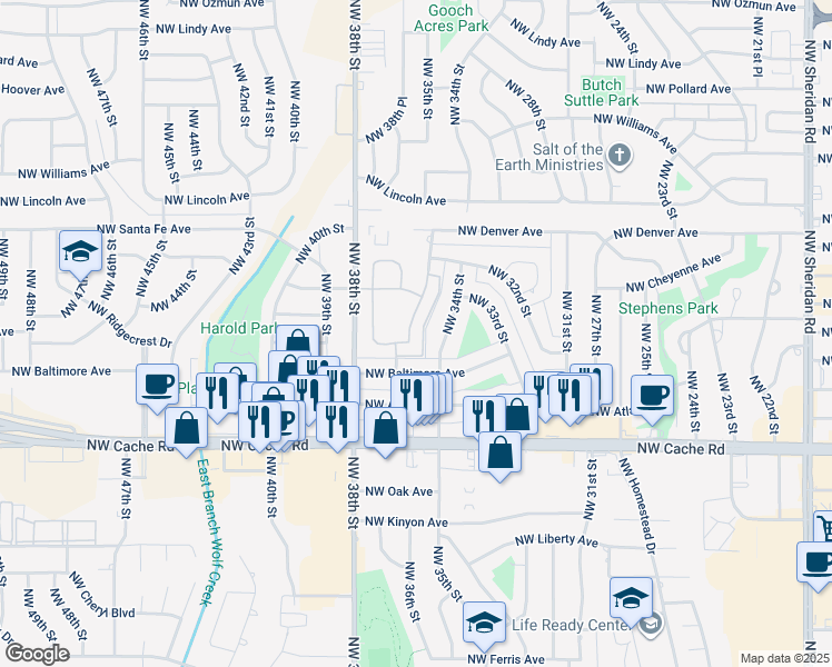 map of restaurants, bars, coffee shops, grocery stores, and more near 1605 Northwest 36th Street in Lawton