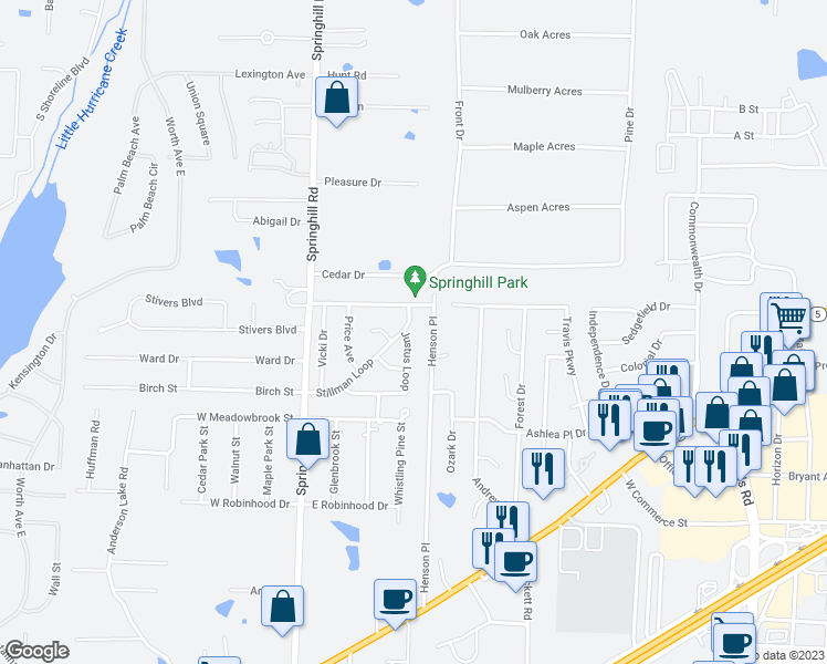 map of restaurants, bars, coffee shops, grocery stores, and more near 1104 Justus Loop in Bryant