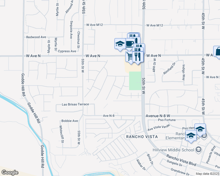 map of restaurants, bars, coffee shops, grocery stores, and more near 40957 Knoll Drive in Palmdale