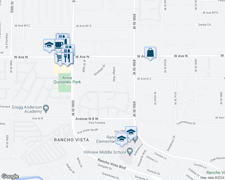 map of restaurants, bars, coffee shops, grocery stores, and more near 41079 Riverock Lane in Palmdale