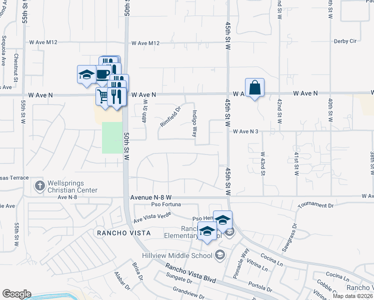 map of restaurants, bars, coffee shops, grocery stores, and more near 41075 Riverock Lane in Palmdale