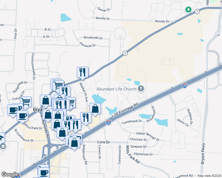 map of restaurants, bars, coffee shops, grocery stores, and more near 3611 Logan Ridge Drive in Bryant