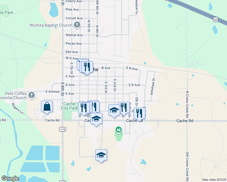 map of restaurants, bars, coffee shops, grocery stores, and more near 112 D Avenue in Cache
