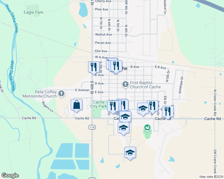 map of restaurants, bars, coffee shops, grocery stores, and more near 506 D Avenue in Cache