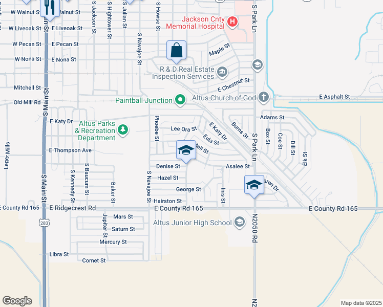 map of restaurants, bars, coffee shops, grocery stores, and more near 912 Loyadell Street in Altus