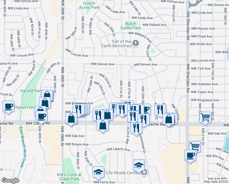 map of restaurants, bars, coffee shops, grocery stores, and more near 1607 Northwest 32nd Street in Lawton