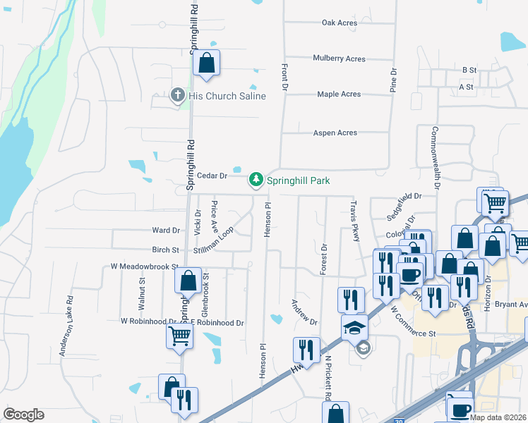 map of restaurants, bars, coffee shops, grocery stores, and more near 3513 Henson Place in Bryant