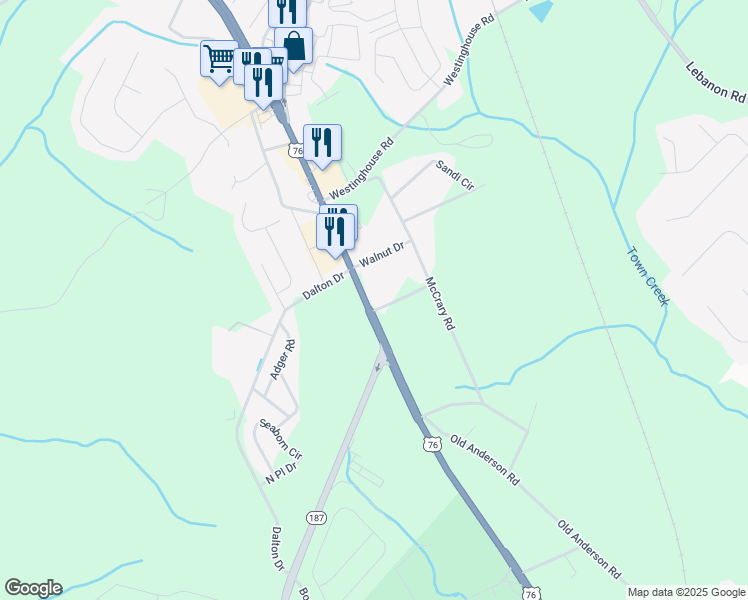 map of restaurants, bars, coffee shops, grocery stores, and more near 7445 U.S. 76 in Pendleton