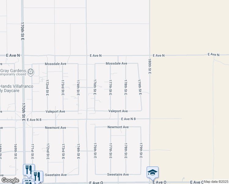 map of restaurants, bars, coffee shops, grocery stores, and more near 40976 177th Street East in Lancaster
