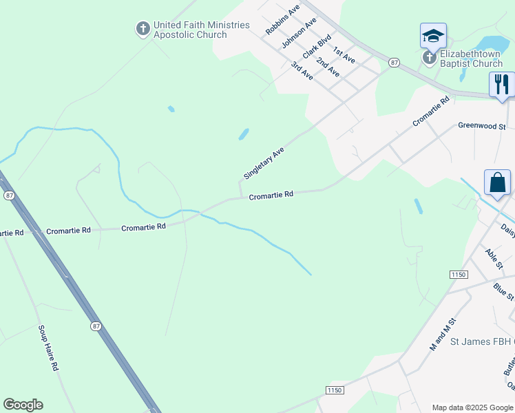map of restaurants, bars, coffee shops, grocery stores, and more near 709 Cromartie Road in Elizabethtown