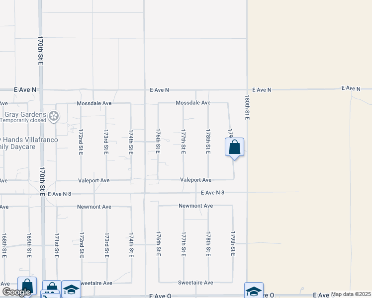 map of restaurants, bars, coffee shops, grocery stores, and more near 40976 177th Street East in Lancaster