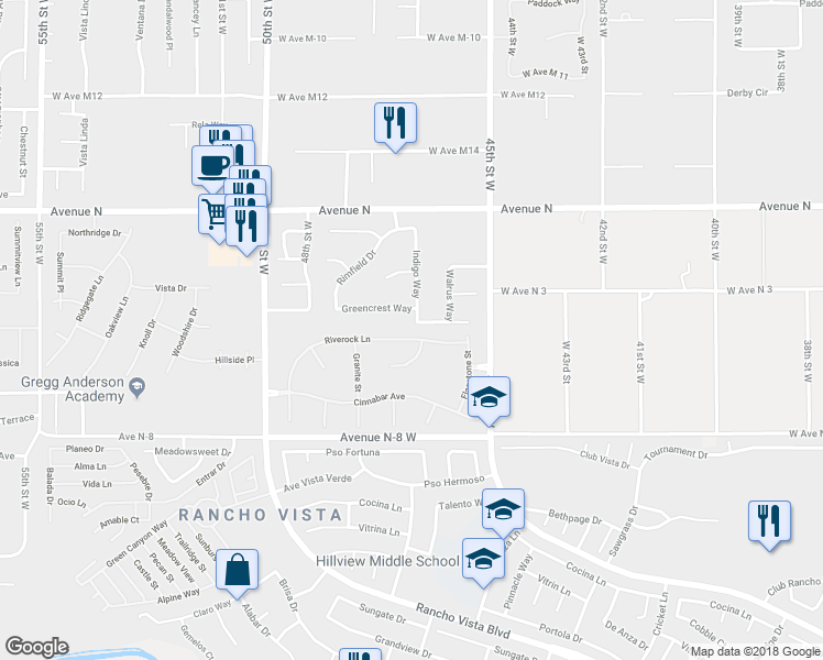map of restaurants, bars, coffee shops, grocery stores, and more near 41079 Riverock Lane in Palmdale