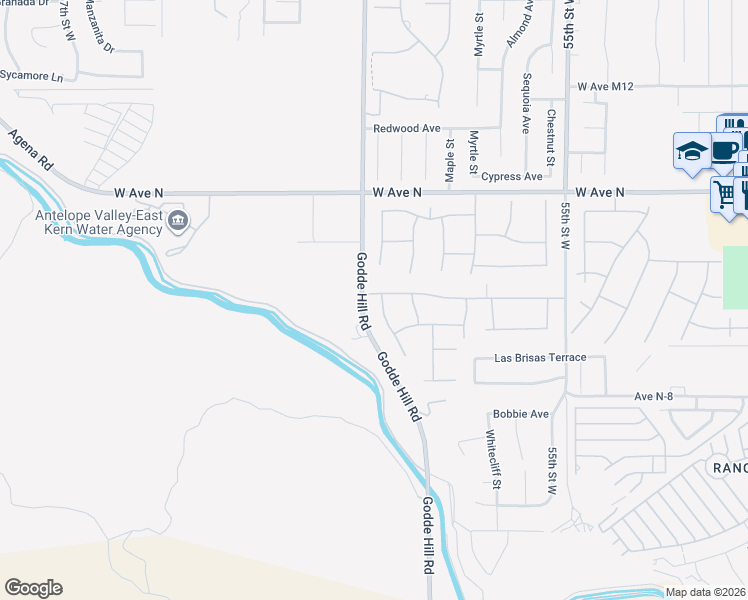 map of restaurants, bars, coffee shops, grocery stores, and more near 41011 Vía Tranqilo in Palmdale