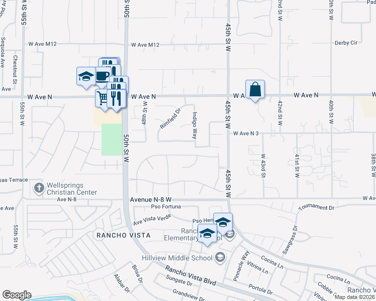 map of restaurants, bars, coffee shops, grocery stores, and more near 41075 Riverock Lane in Palmdale