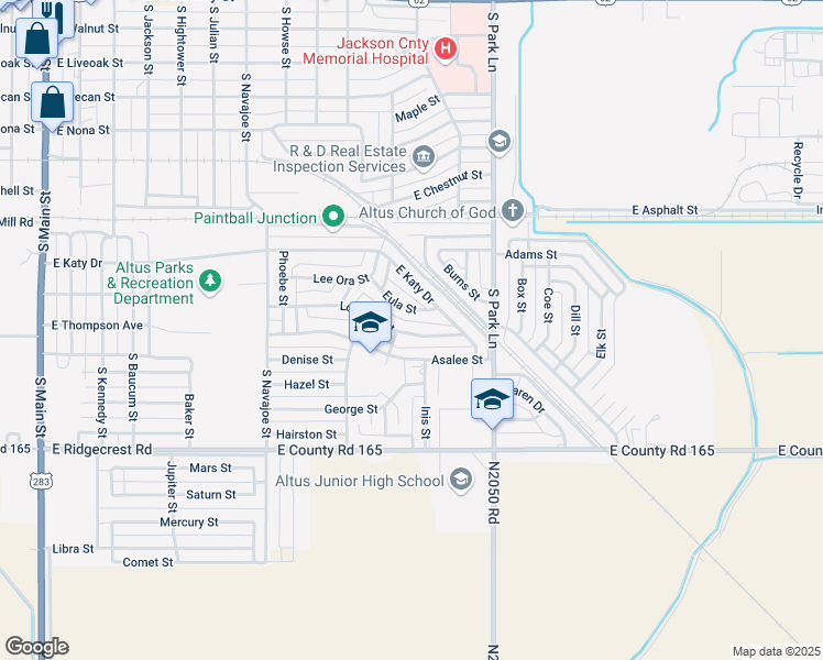 map of restaurants, bars, coffee shops, grocery stores, and more near 1106 Eula Street in Altus