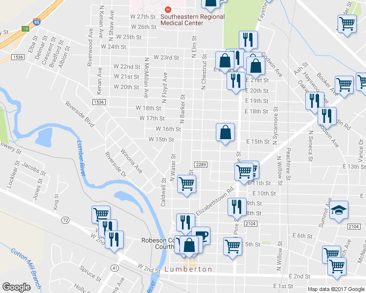 map of restaurants, bars, coffee shops, grocery stores, and more near 1402 North Barker Street in Lumberton