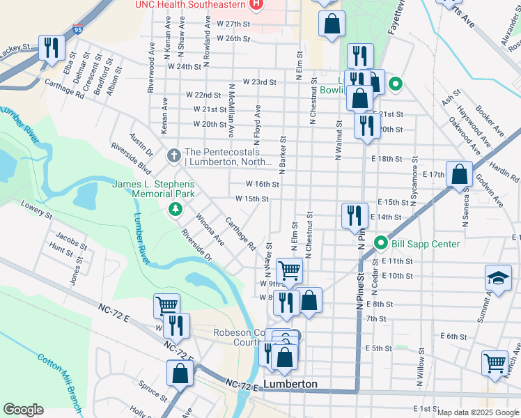 map of restaurants, bars, coffee shops, grocery stores, and more near 305 West 15th Street in Lumberton