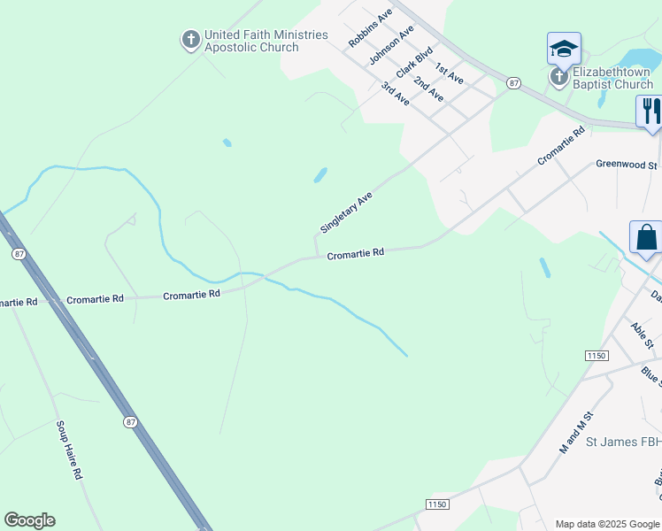map of restaurants, bars, coffee shops, grocery stores, and more near 745 Cromartie Road in Elizabethtown