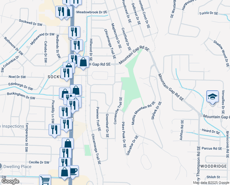 map of restaurants, bars, coffee shops, grocery stores, and more near 12010 Comanche Trail Southeast in Huntsville