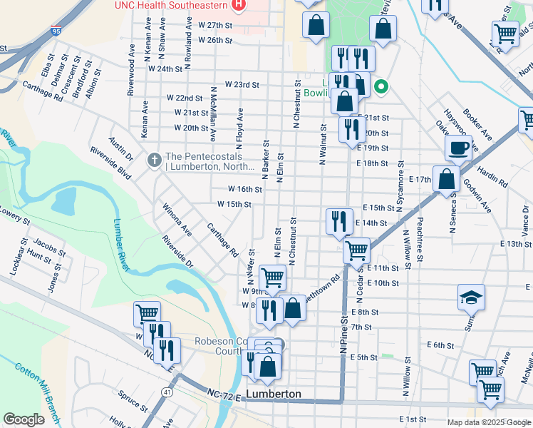 map of restaurants, bars, coffee shops, grocery stores, and more near 1404 North Barker Street in Lumberton