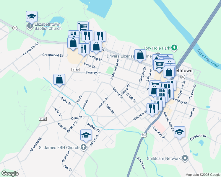 map of restaurants, bars, coffee shops, grocery stores, and more near 603 Martin Street in Elizabethtown