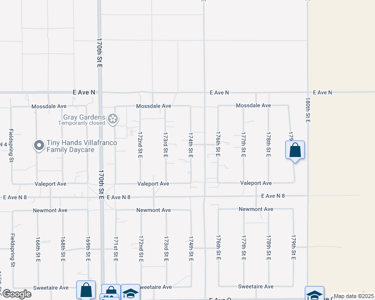 map of restaurants, bars, coffee shops, grocery stores, and more near 40985 174th Street East in Lancaster