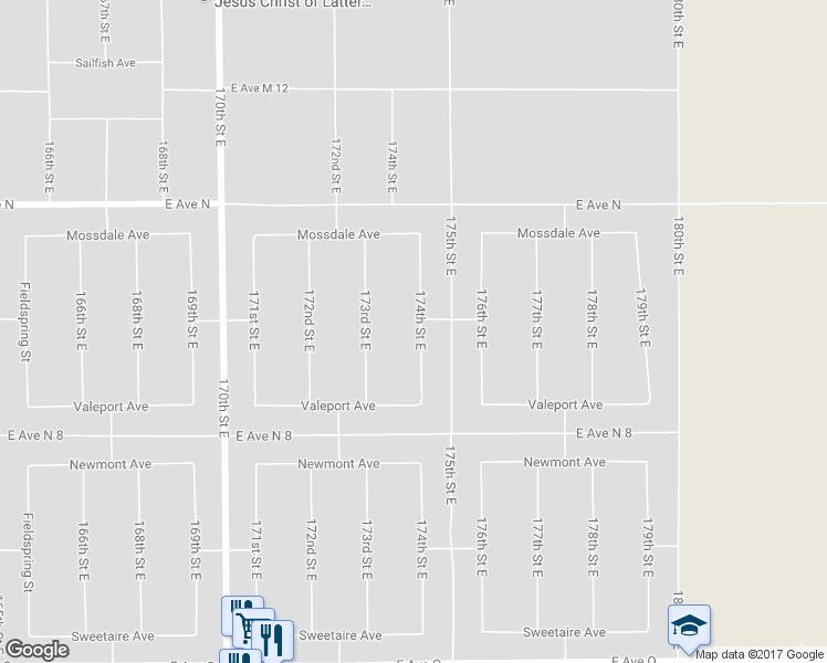 map of restaurants, bars, coffee shops, grocery stores, and more near 40985 174th Street East in Lancaster