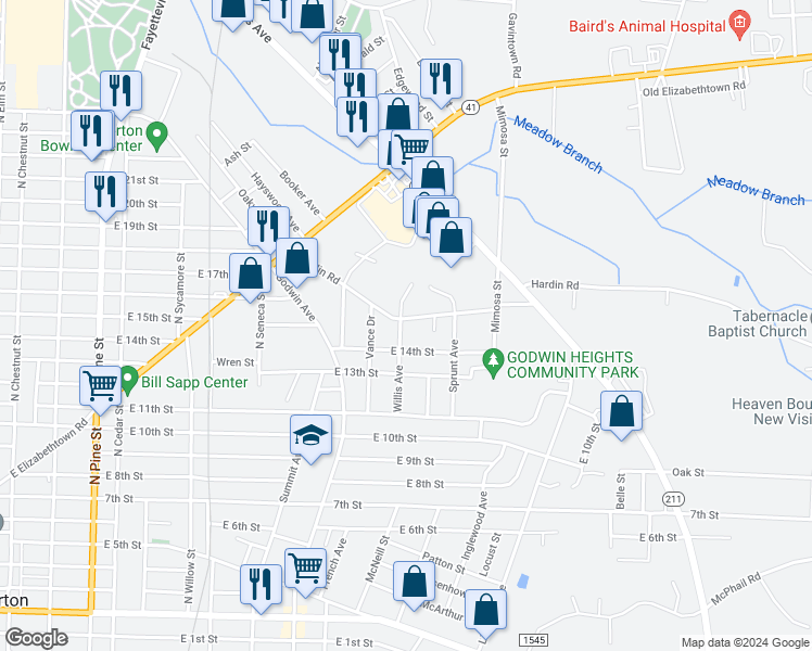 map of restaurants, bars, coffee shops, grocery stores, and more near 1202 Hardin Road in Lumberton