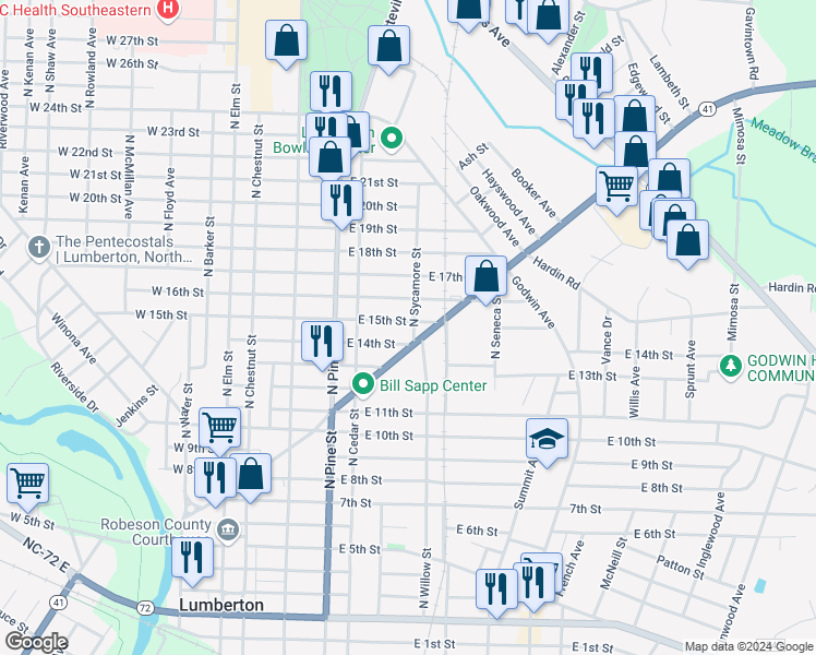 map of restaurants, bars, coffee shops, grocery stores, and more near 522 East 15th Street in Lumberton