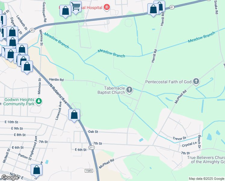 map of restaurants, bars, coffee shops, grocery stores, and more near 1675 Hardin Road in Lumberton