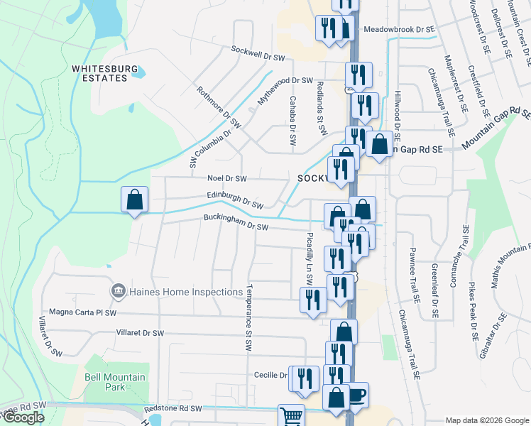 map of restaurants, bars, coffee shops, grocery stores, and more near 2106 Edinburgh Drive Southwest in Huntsville