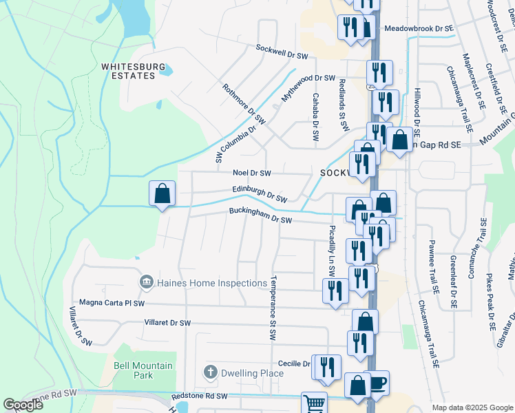 map of restaurants, bars, coffee shops, grocery stores, and more near 2117 Edinburgh Drive Southwest in Huntsville