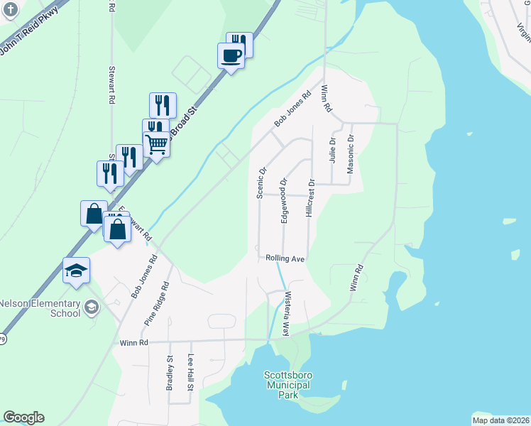 map of restaurants, bars, coffee shops, grocery stores, and more near 3202 Edgewood Drive in Scottsboro