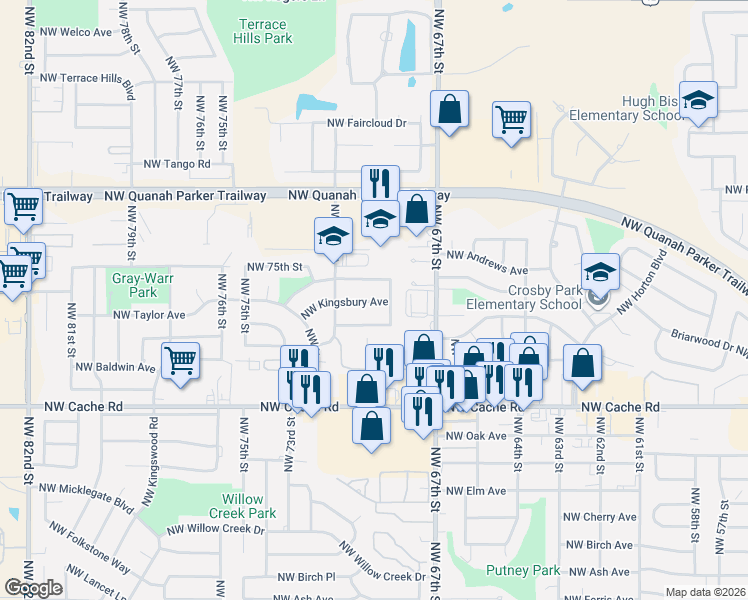 map of restaurants, bars, coffee shops, grocery stores, and more near 7011 Northwest Kingsbury Avenue in Lawton