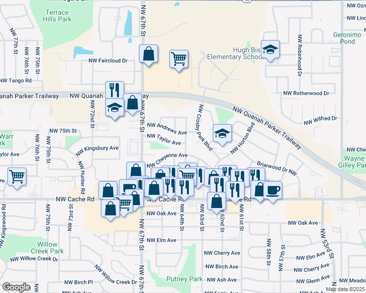 map of restaurants, bars, coffee shops, grocery stores, and more near 6302 Northwest Taylor Avenue in Lawton