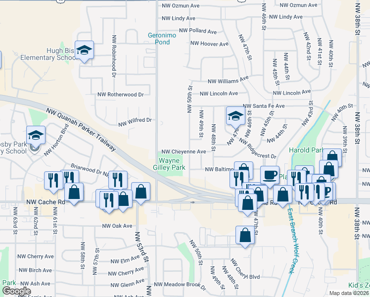map of restaurants, bars, coffee shops, grocery stores, and more near 1603 Northwest 50th Street in Lawton