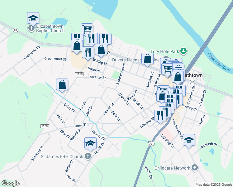 map of restaurants, bars, coffee shops, grocery stores, and more near 603 Martin Street in Elizabethtown