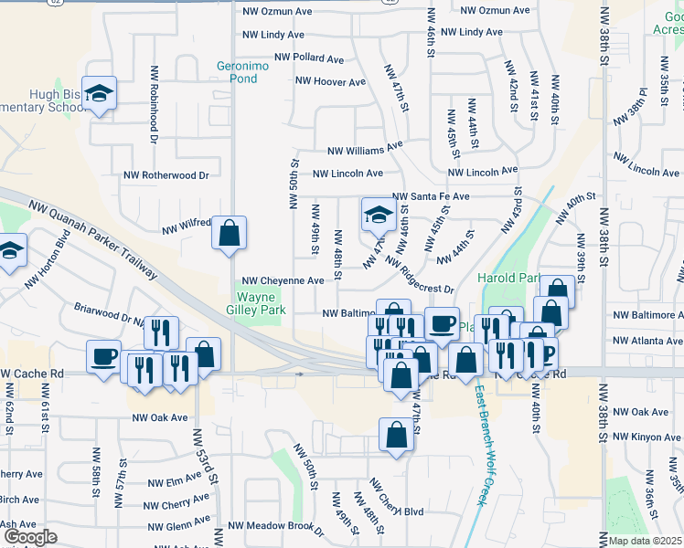 map of restaurants, bars, coffee shops, grocery stores, and more near 1604 Northwest 48th Street in Lawton