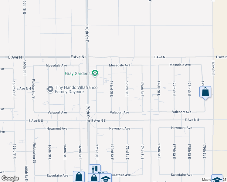 map of restaurants, bars, coffee shops, grocery stores, and more near 40986 172nd Street East in Lancaster