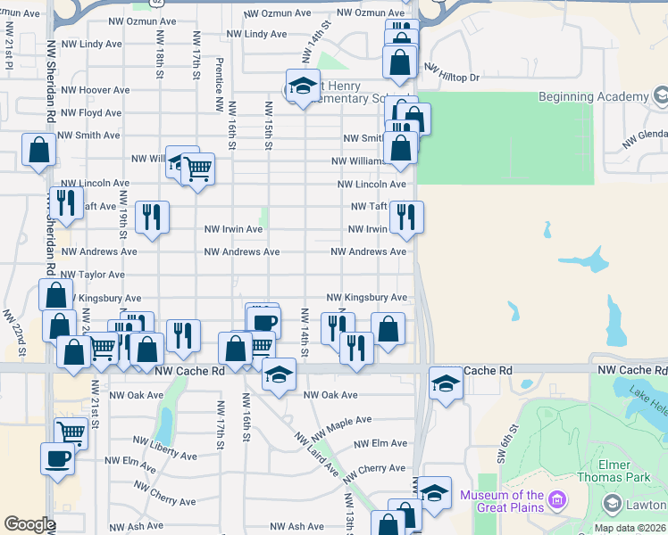 map of restaurants, bars, coffee shops, grocery stores, and more near 1308 Northwest Andrews Avenue in Lawton