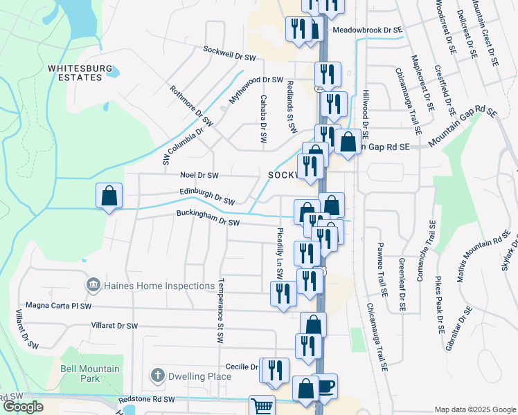 map of restaurants, bars, coffee shops, grocery stores, and more near 2106 English Drive Southwest in Huntsville
