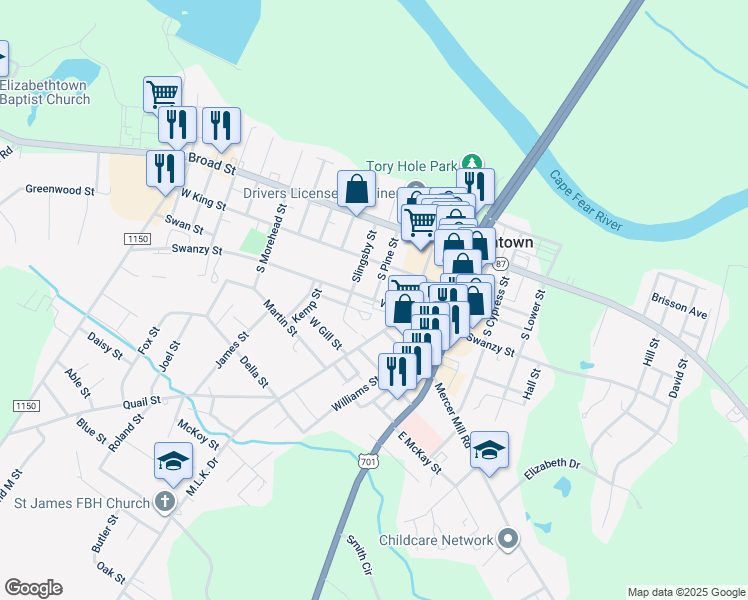 map of restaurants, bars, coffee shops, grocery stores, and more near 295 South Pine Street in Elizabethtown