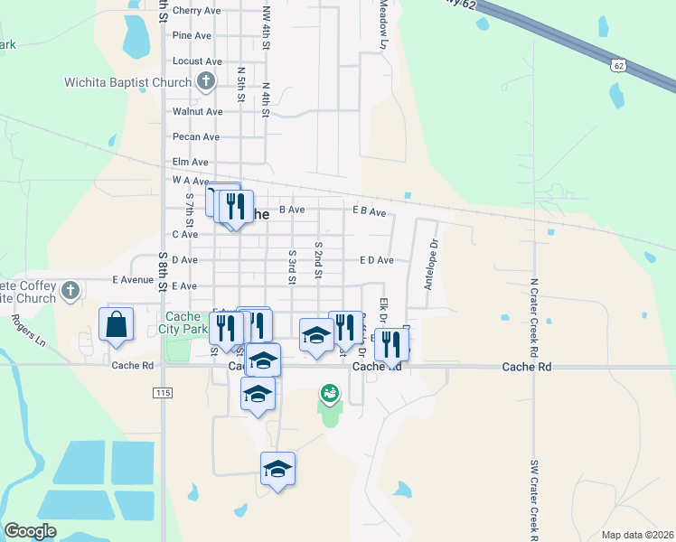 map of restaurants, bars, coffee shops, grocery stores, and more near 112 D Avenue in Cache