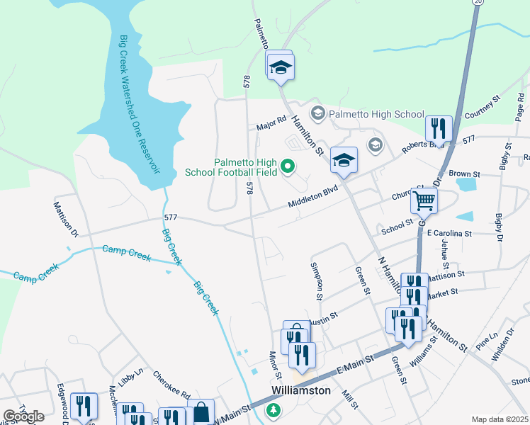 map of restaurants, bars, coffee shops, grocery stores, and more near 80-98 Middleton Boulevard in Williamston
